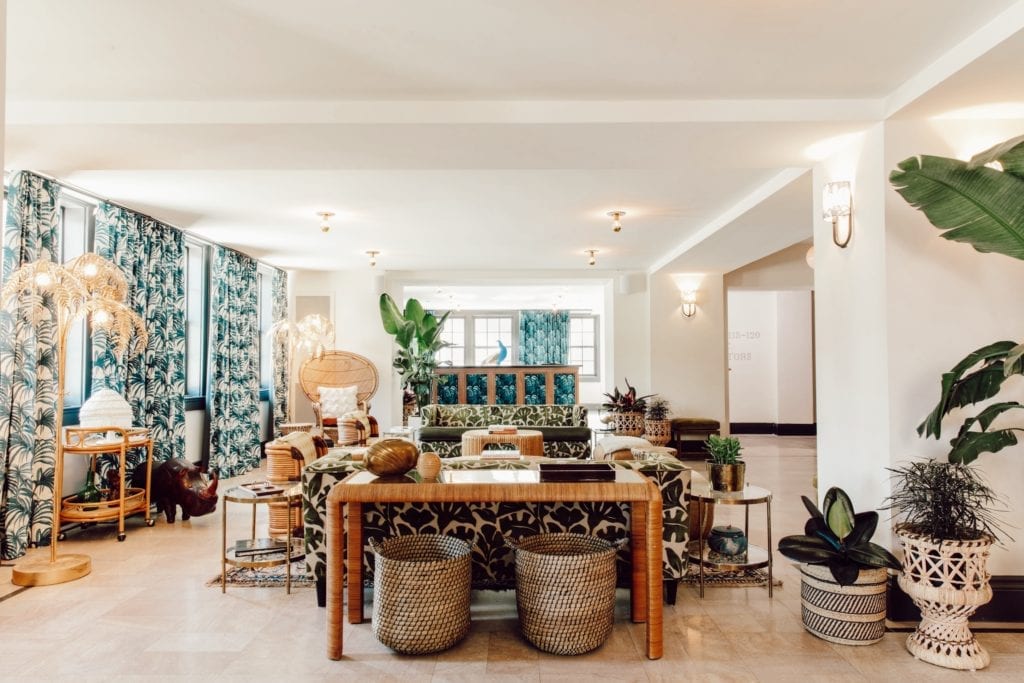 The chic and stylish lobby of Hotel Clermont, a boutique hotel in Atlanta, Georgia.