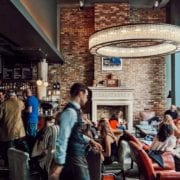Bustling hotel lobby at The Hoxton, Shoreditch in East London
